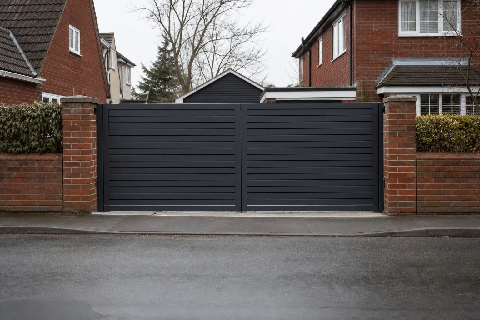 Dark grey automated aluminium driveway gates closed between brick pillars