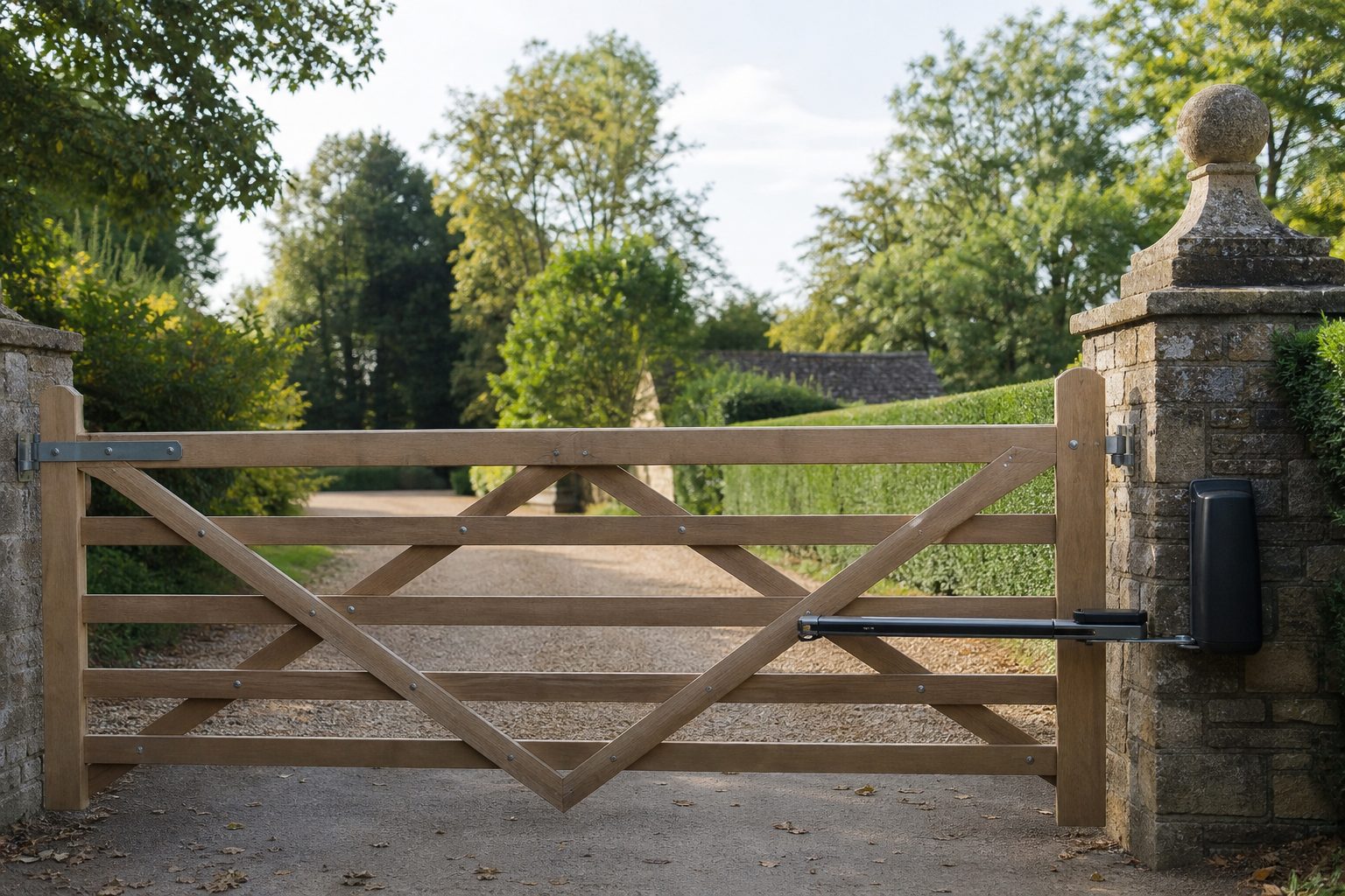 A timber driveway gate fitted with an electric gate opener arm
