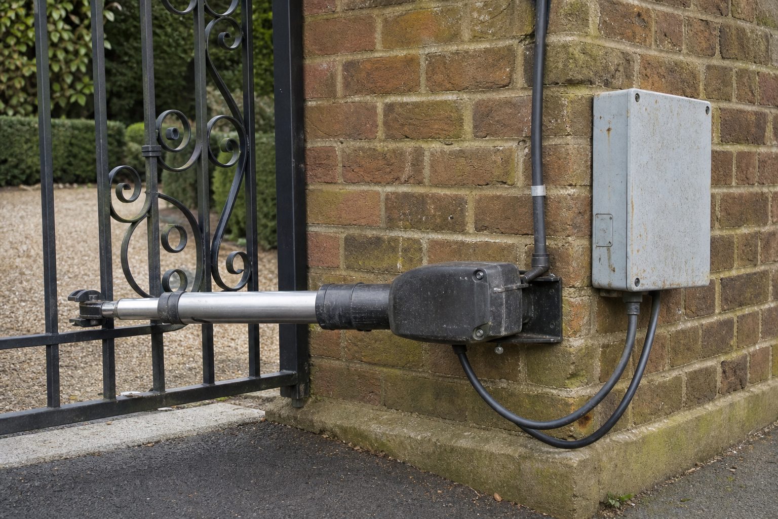 A gate automation ram arm motor and control box on a brick gate pillar